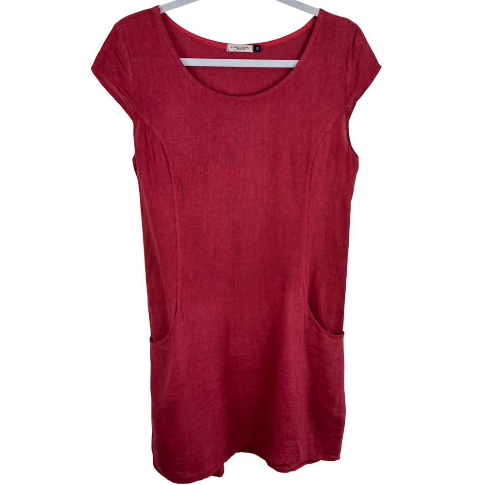 Lungo L'Arno Red Orange 100% Linen Cap Sleeve Shift Dress with Pockets Womens XS